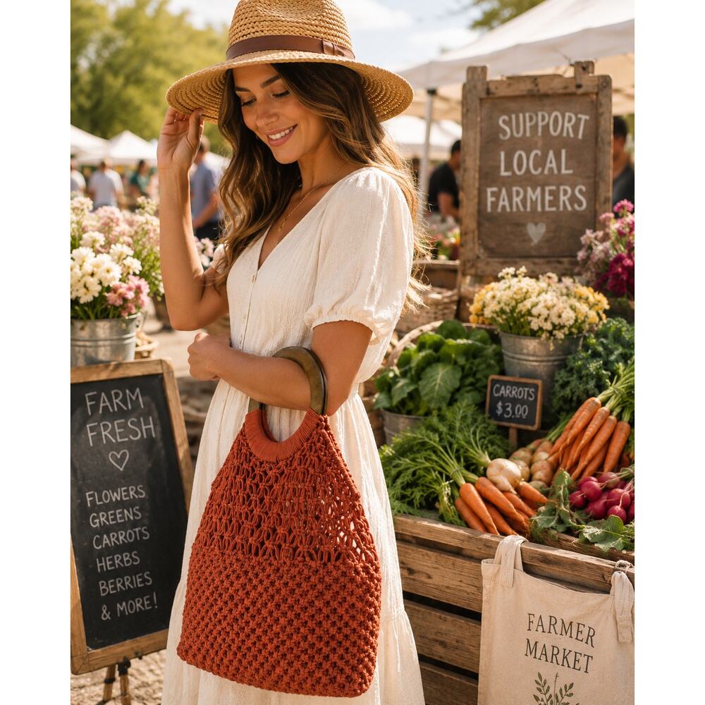 Artisan Burnt Orange Woven Crochet Tote Wooden Handle Bag Philippines Boho